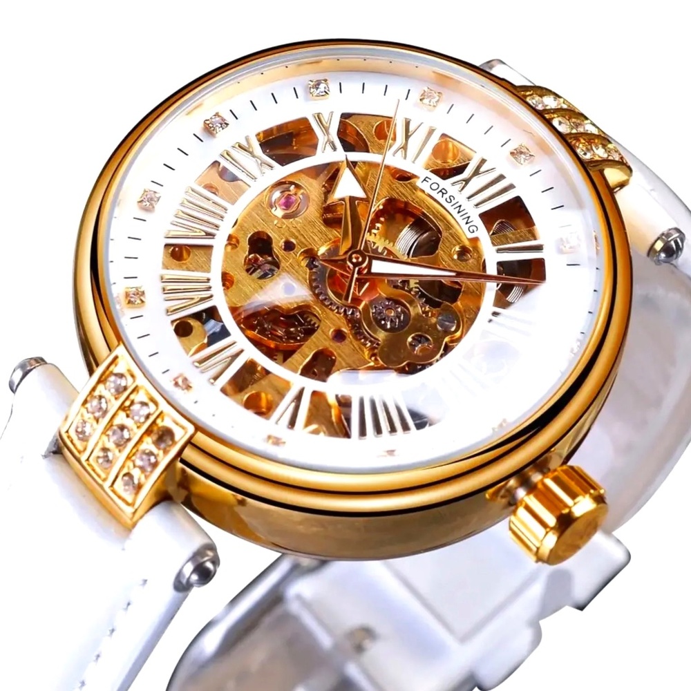 Womens Automatic Transparent Skeleton White Leather Band Ladie…